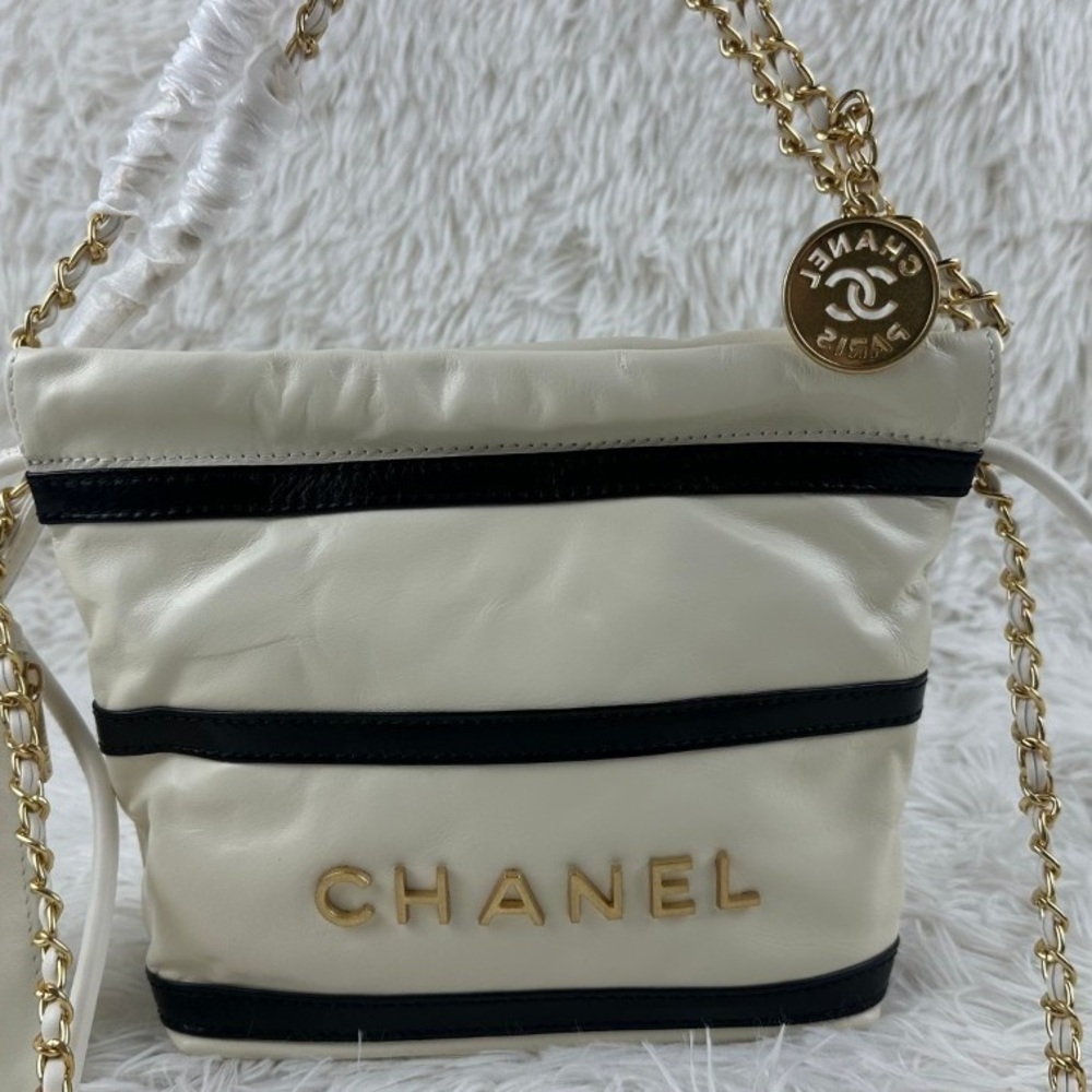 CHANEL Cream and Black Leather Chain Shoulder Bag with Gold Logo Disc